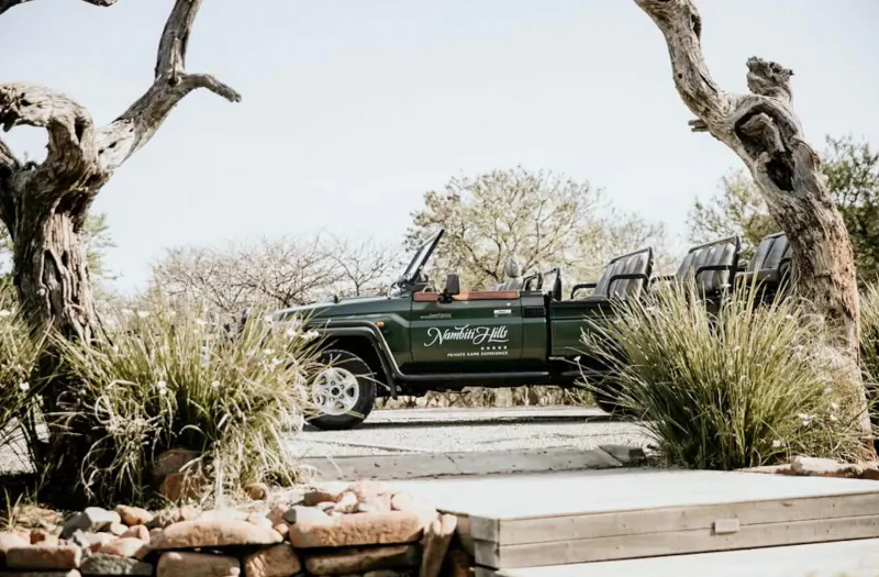 Green 'Nambiti Hills' safari jeep parked amid acacia trees and grasses at game reserve