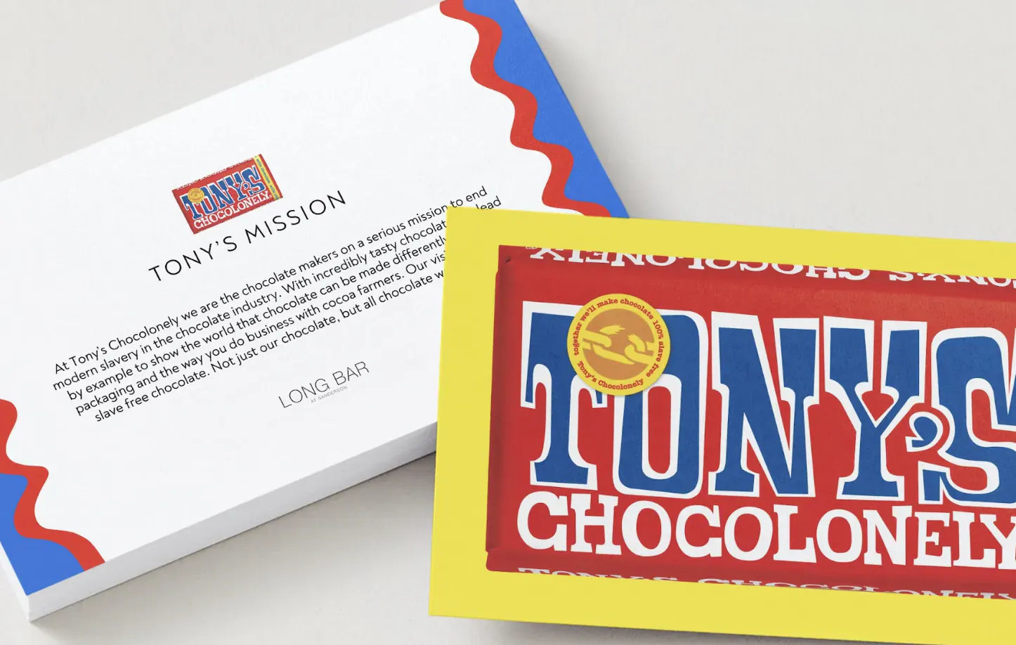 Tony's Chocolonely Easter 'Tony's Mission' long bar wrapper, front and back views, Sanderson London promo.