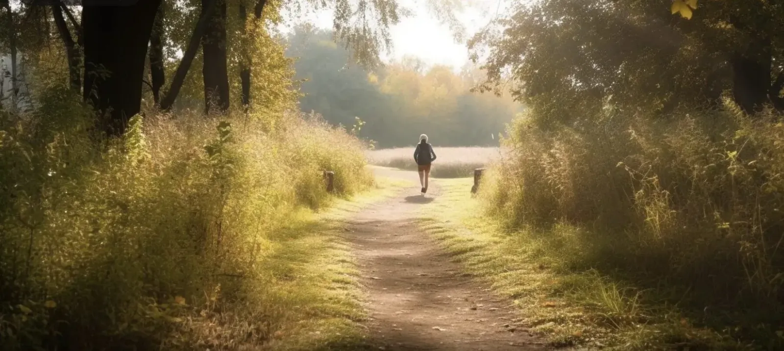 Person walking away on a sunlit dirt path through tall grass and autumn trees in a picturesque village.