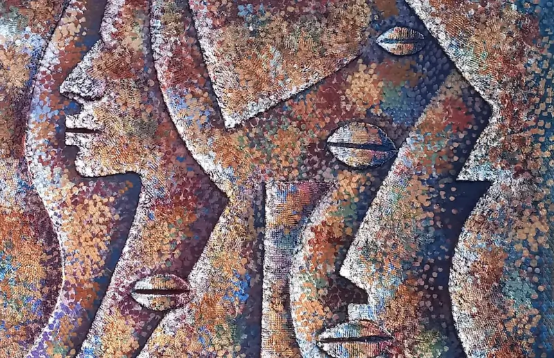 Abstract painting of four stylized profiles in earthy tones with textured patterns