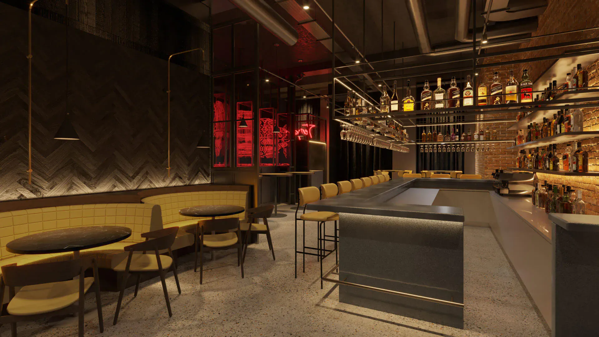 Modern interior of Temper fire barbecue restaurant in Shoreditch, with sleek bar, yellow booths, and extensive liquor shelves.