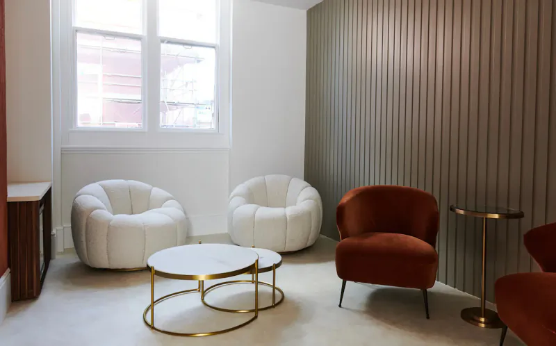 Modern dental waiting room with white pod chairs, rust armchairs, gold nested tables, wood walls, large window.