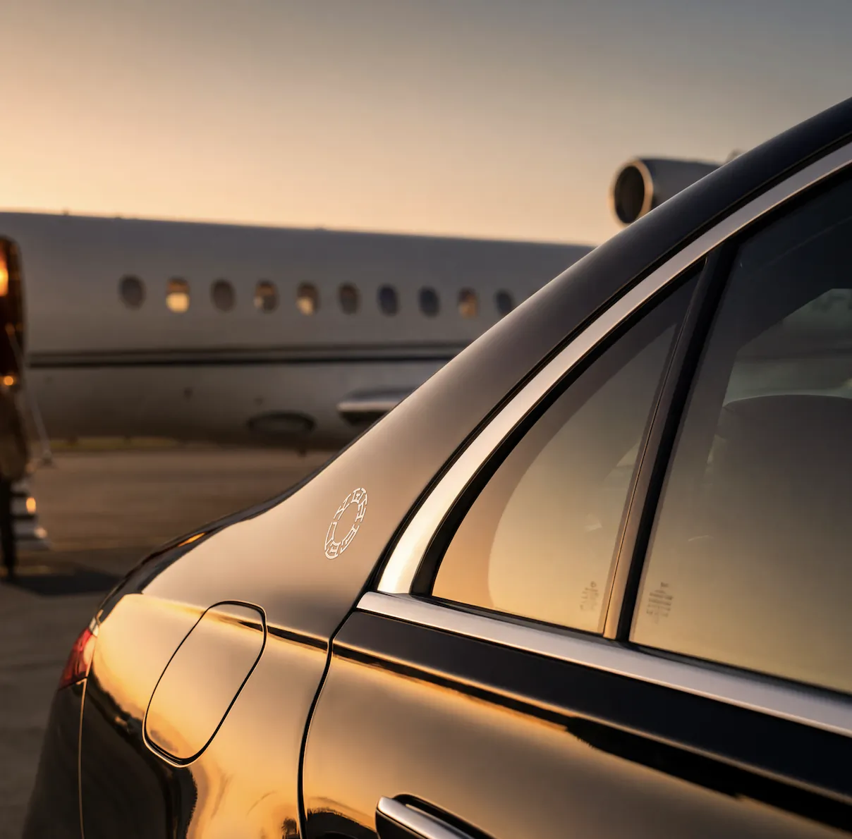 Luxury black car parked on tarmac beside private jet at sunset, person approaching.