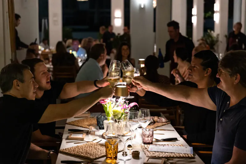 Diverse group cheers with wine glasses at outdoor BBQ dinner table on patio, lit warmly at night.