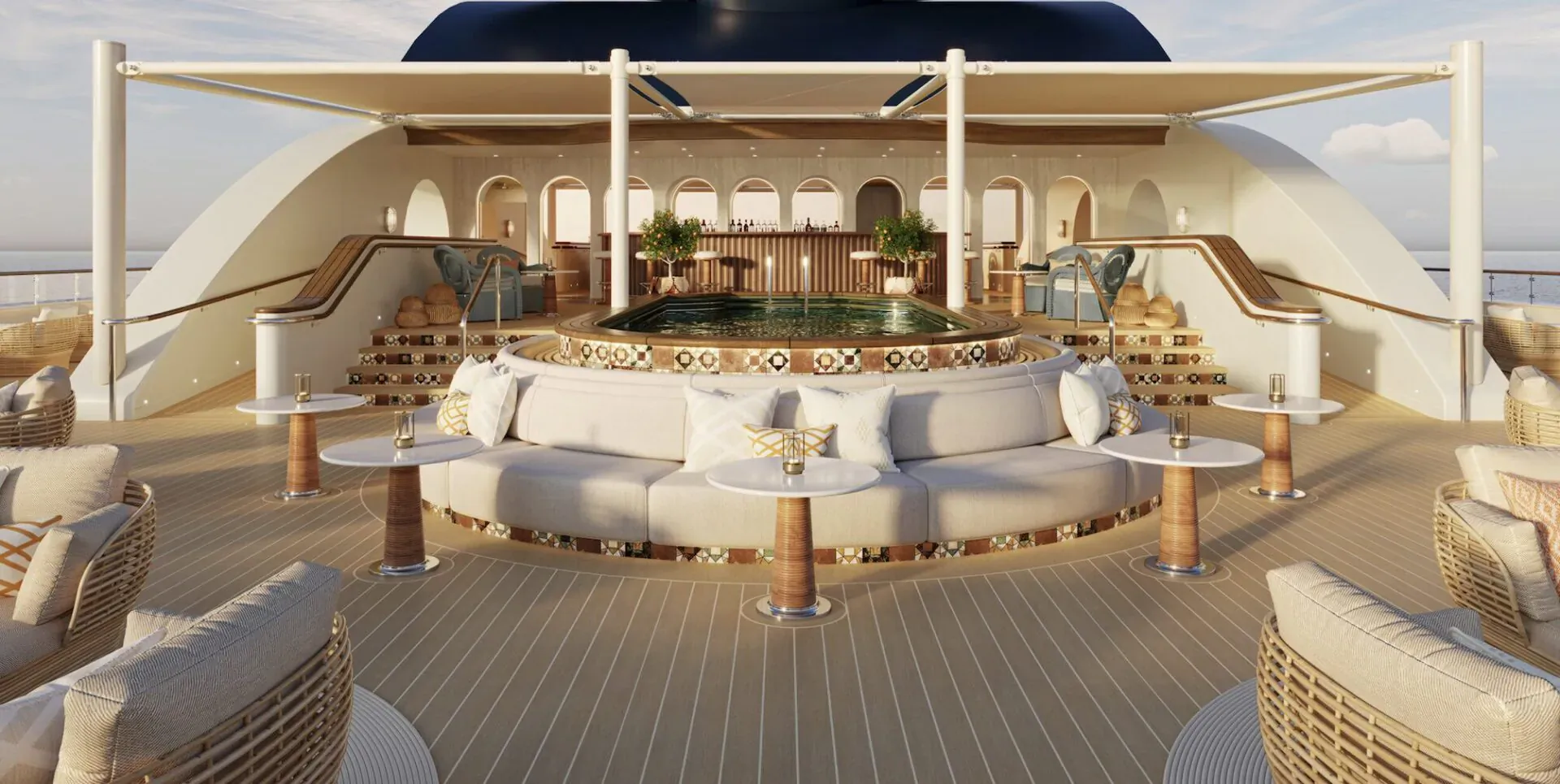 Luxury yacht deck with central tiled hot tub, white lounge seating, bar, and plants under shaded canopy at sea.
