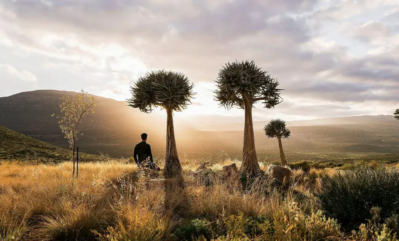 Silhouette of man standing amid golden grass and quiver trees at sunset in Cederberg mountains
