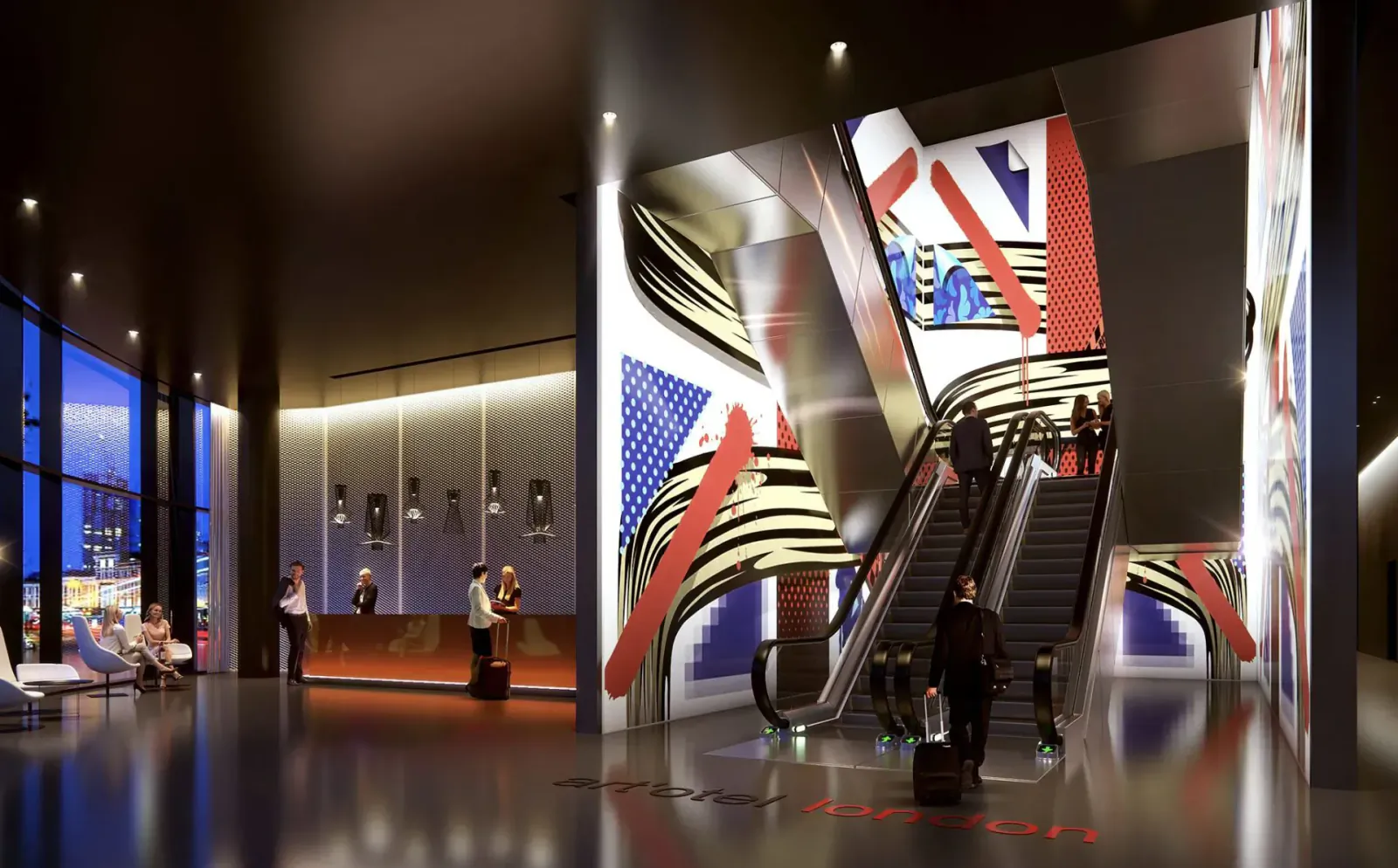 Spacious art'otel London Hoxton lobby with sweeping escalator, bold red-white-blue wall art, reception desk, and guests.