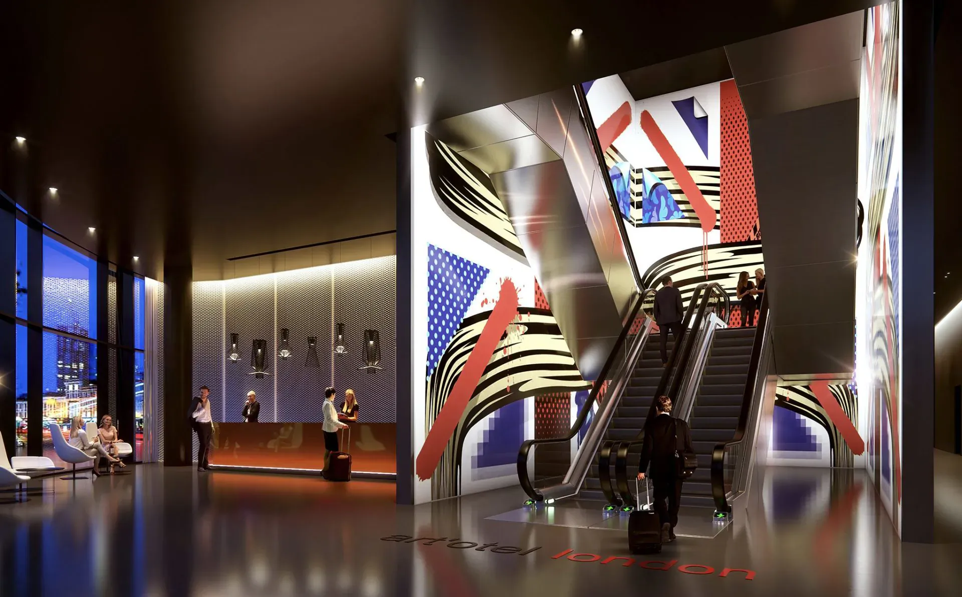 Spacious art'otel London Hoxton lobby with sweeping escalator, bold red-white-blue wall art, reception desk, and guests.
