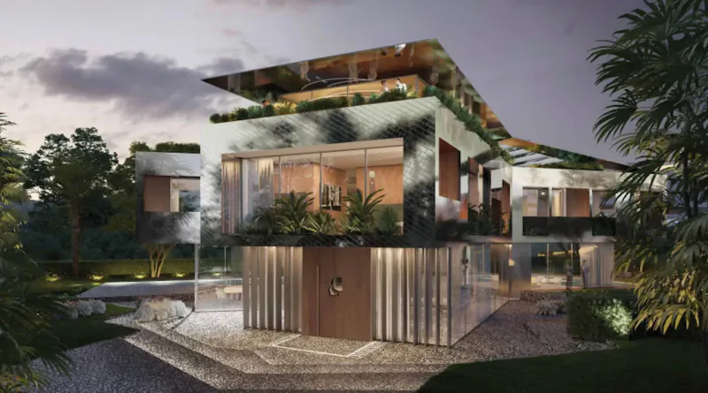 Modern Karl Lagerfeld Villa Marbella in Spain: multi-level luxury home with green roofs, large glass windows, palm trees, and landscaped gardens at dusk.