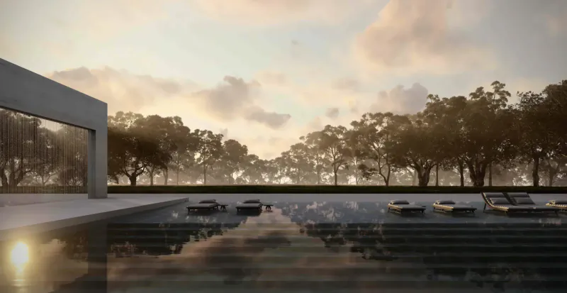 Modern Dubai luxury home at sunset with infinity pool reflecting trees and sleek cars parked alongside.