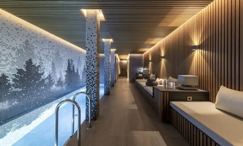 Luxury ski chalet spa hallway with snowy forest mural, mosaic pool, wood paneling, and benches.