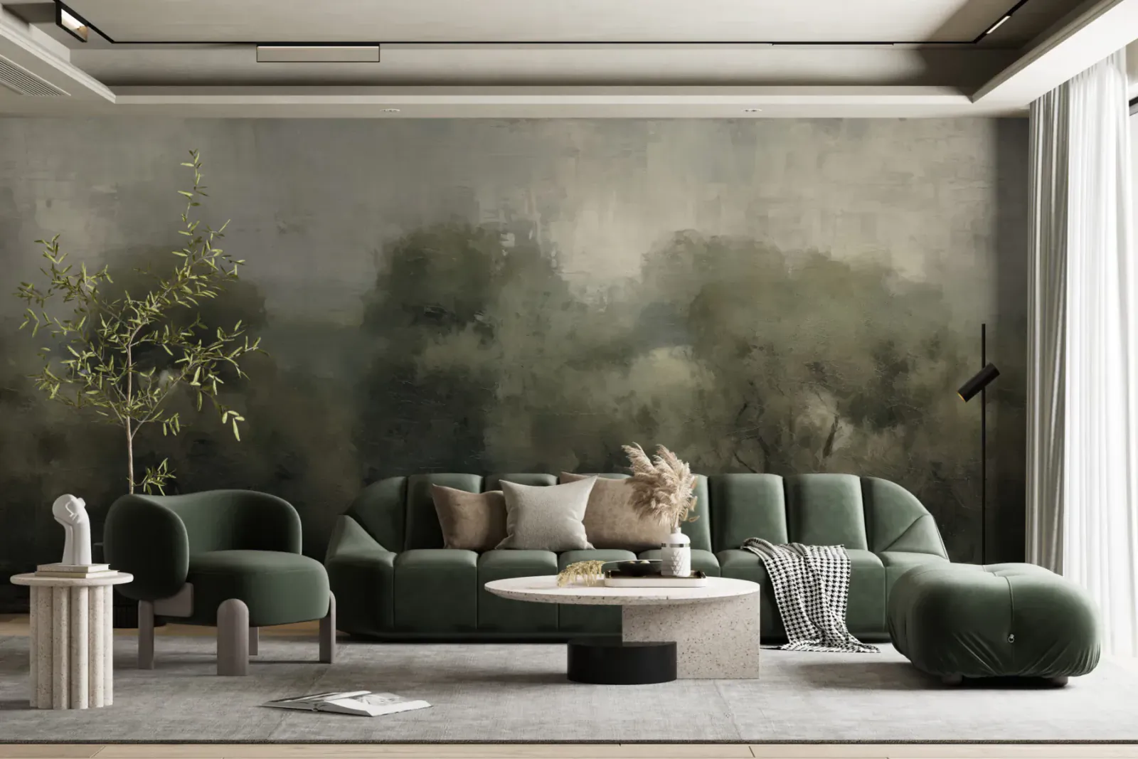Modern living room with emerald green modular sofa, white coffee table, and misty forest mural wallpaper.