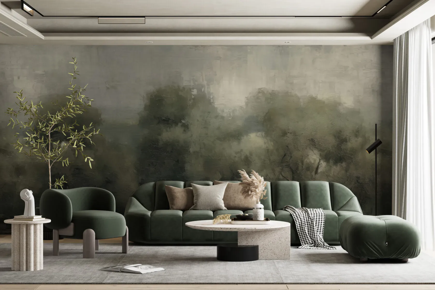Modern living room with emerald green modular sofa, white coffee table, and misty forest mural wallpaper.