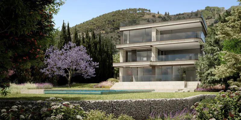 Modern three-story ultra-luxury villa with large glass windows, infinity pool, surrounded by lush gardens and hills in Barcelona.