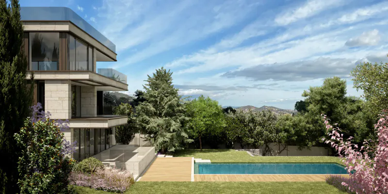 Modern ultra-luxury villa with glass balconies, pool, lush gardens, and Barcelona mountains under blue sky