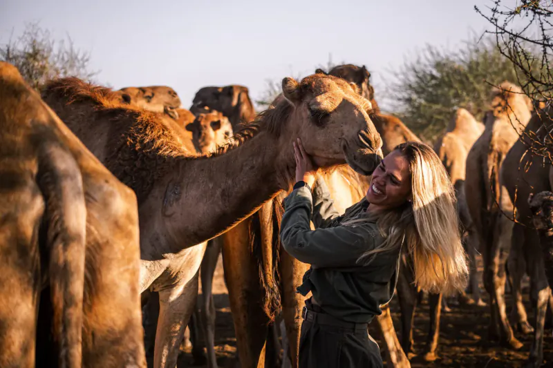 Blonde woman smiling and hugging a camel's neck amid a herd in arid savanna at Tumaren Camp