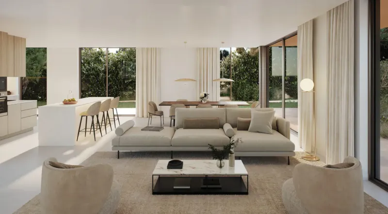 Spacious modern living room in Vale Do Lobo Resort with beige L-shaped sofa, glass coffee table, bar stools, and garden views through large windows.