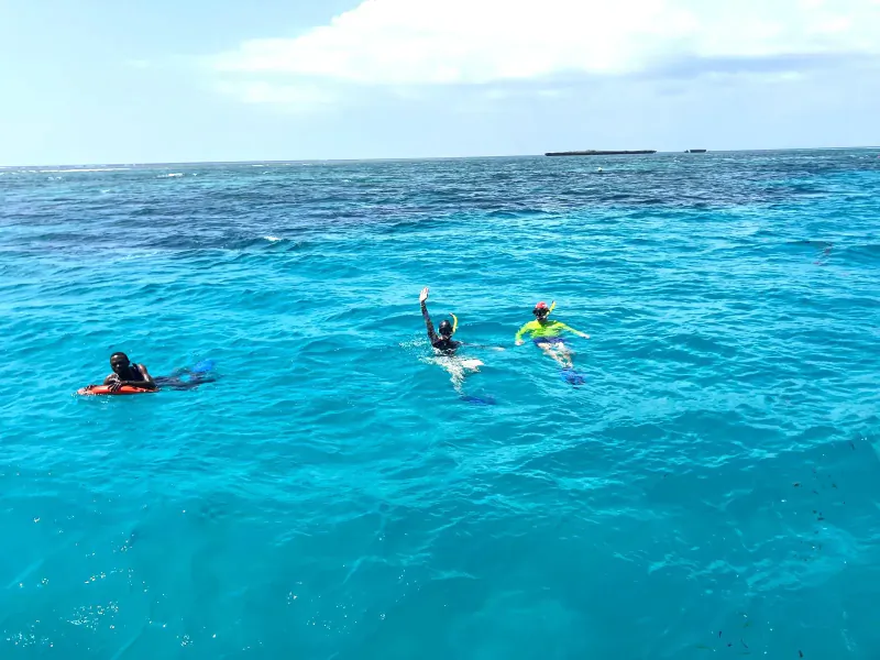 Three snorkelers in colorful gear and flippers swim in turquoise waters of Kisite-Mpunguti Marine Park, Kenya, with distant island.