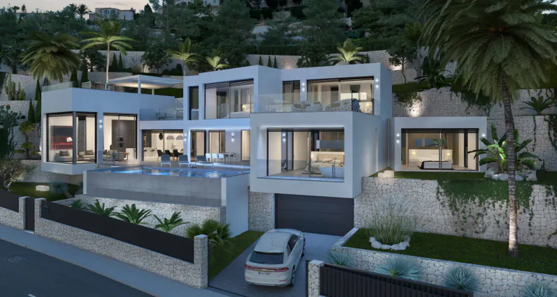 Modern white luxury villa on hillside with infinity pool, palm trees, and parked car at dusk