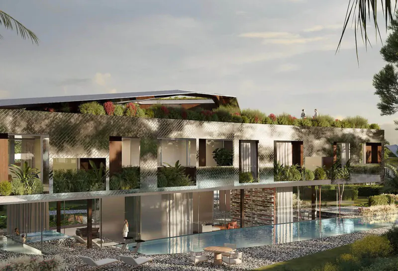 Modern Karl Lagerfeld Villa Marbella in Spain: multi-level with green roof, solar panels, infinity pool, lush tropical gardens