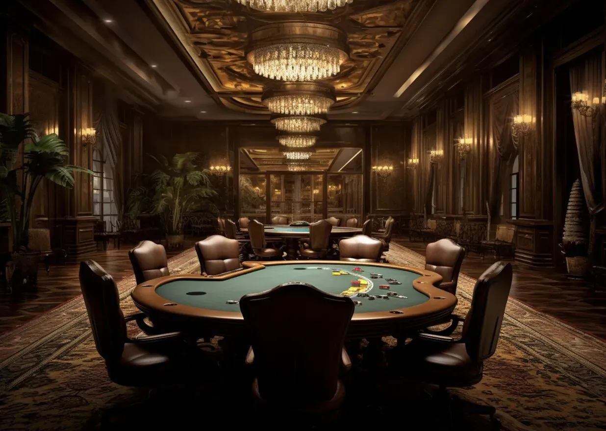 Luxurious casino room with ornate chandeliers, velvet chairs around a green poker table with chips, dim lighting.