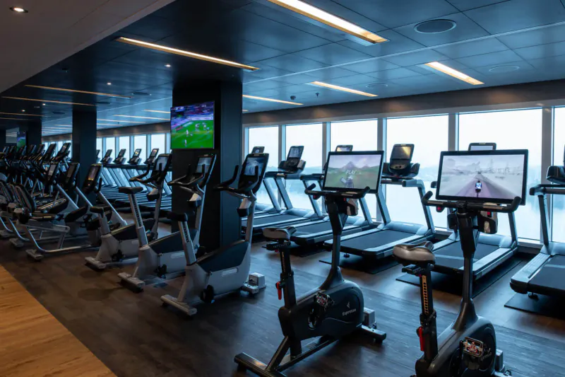 Spacious Princess Cruises gym with rows of treadmills and exercise bikes facing ocean-view windows and sports screens.