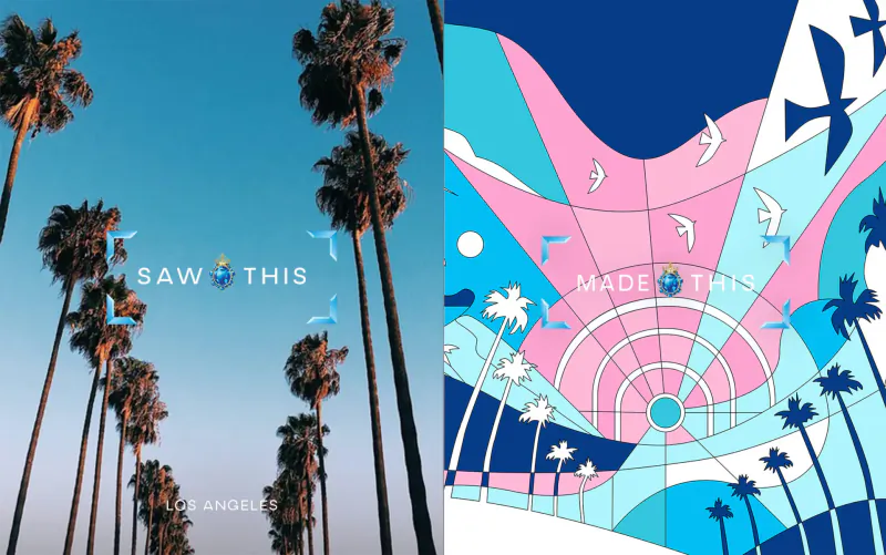 Split image: 'SAW THIS' and 'MADE THIS' posters with palm trees, birds, moon, and geometric art for AI exhibit