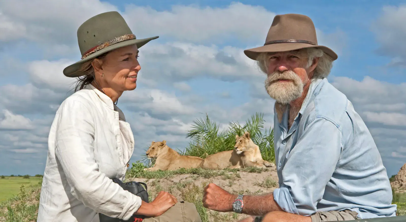 Beverly and Dereck Joubert in safari hats, chatting amid lions on African savanna