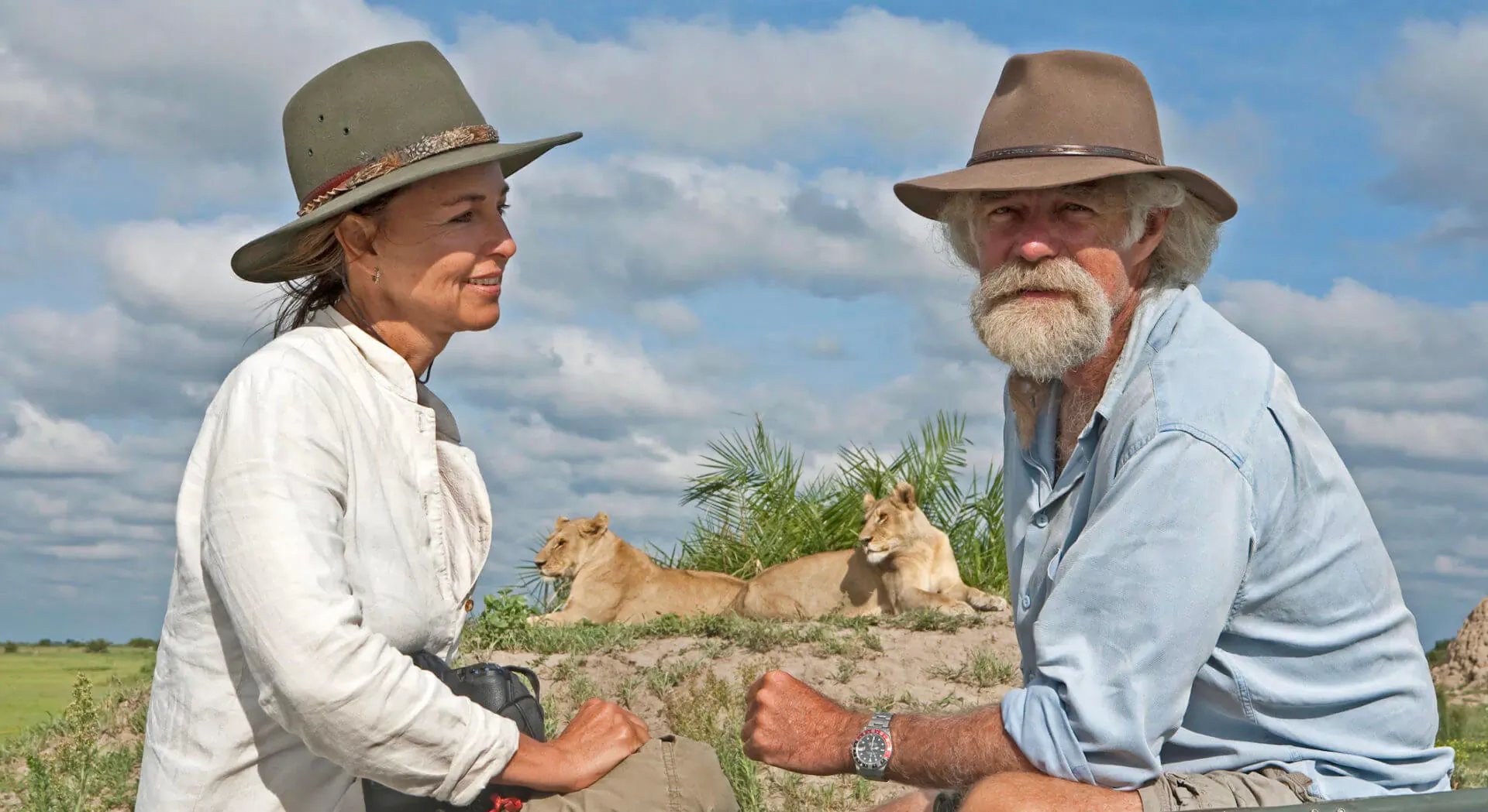 Beverly and Dereck Joubert in safari hats, chatting amid lions on African savanna