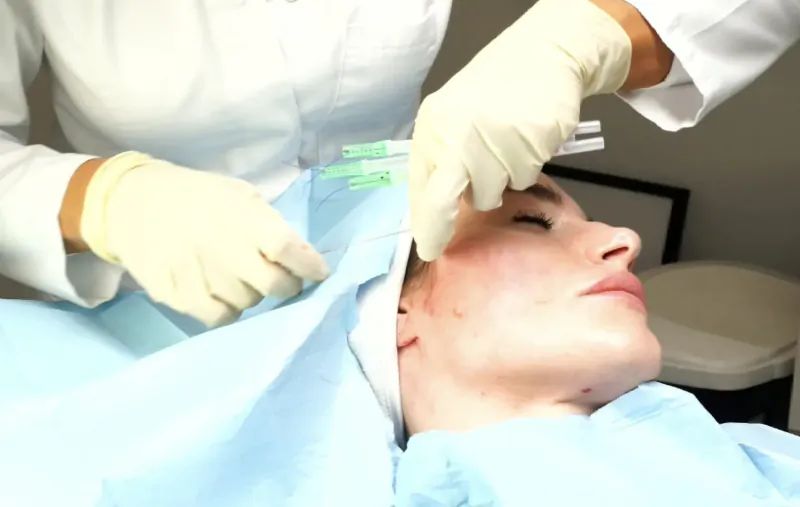 Nurse in gloves inserting green needles into patient's draped face during facial procedure at Clinicbe.