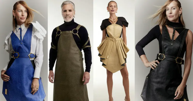 Gallery of Eskandur designers in avant-garde outfits: blue pinafore, khaki harness apron, gold draped dress, black leather harness dress.