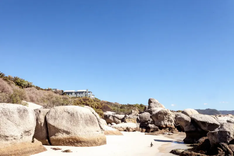 Tintswalo Boulders luxury coastal retreat amid large granite boulders, sandy beach, and shrubs under blue sky