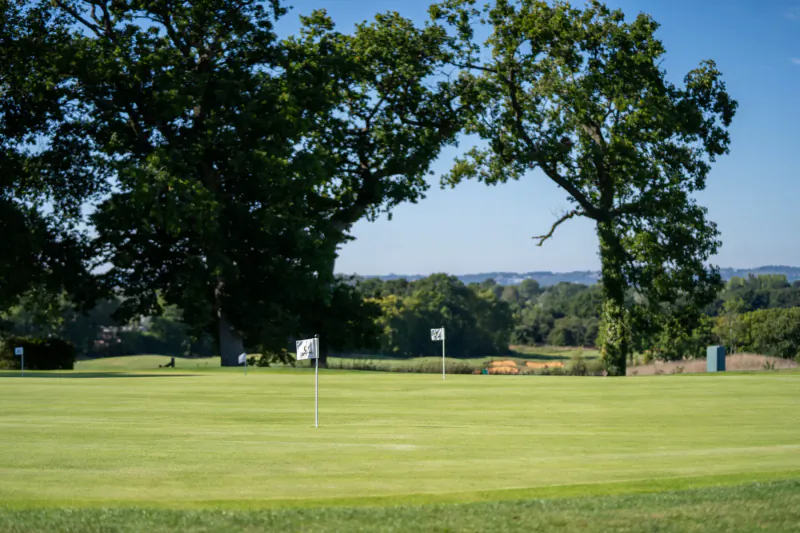 Golf course green with flagstick, surrounded by trees and rolling hills under blue sky at Chart Hills.