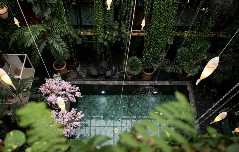 Aerial view of lush tropical atrium at Manon Les Suites with green pool, pink cherry tree, hanging plants, and pendant lights