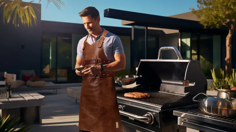 Man in brown leather apron grilling steaks on sleek outdoor barbecue by modern house