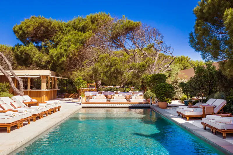 Luxurious poolside at Gigi Rigolatto beach house in Dubai, with wooden loungers, turquoise water, and pine trees under blue sky.