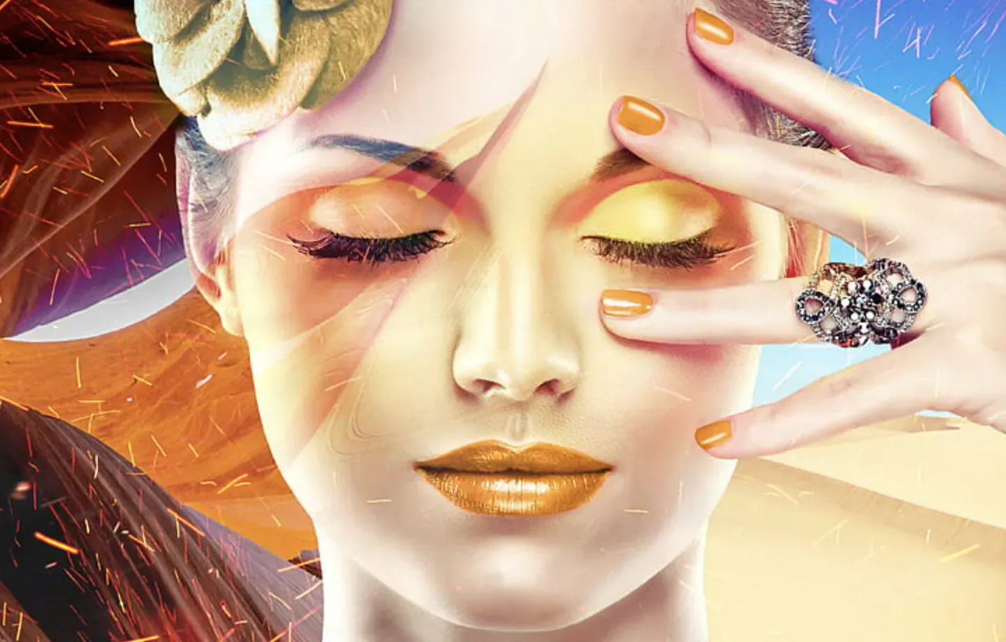 Close-up of glamorous woman with golden makeup, orange nails, large ring, and fiery abstract background