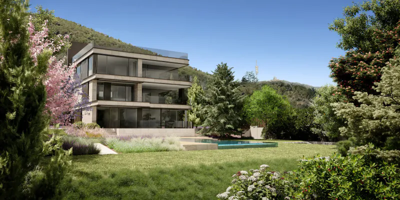 Modern three-story ultra-luxury villa with glass walls on lush green hillside in Barcelona, pool and gardens.