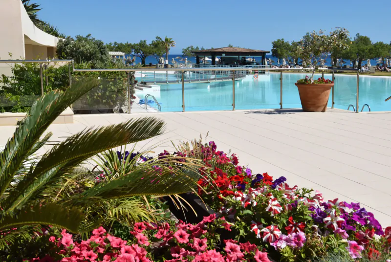 Vibrant pink and purple flowers and palm leaves frame a luxurious resort infinity pool overlooking the sea on Crete.