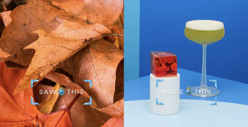 Split image: orange autumn leaves marked 'Saw this' beside green cocktail and red cube on blue, marked 'Made this'.