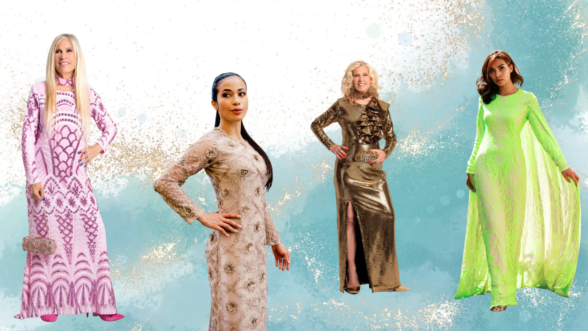 Four women in sparkling long-sleeve gowns: pink, beige, gold, green on blue-gold background