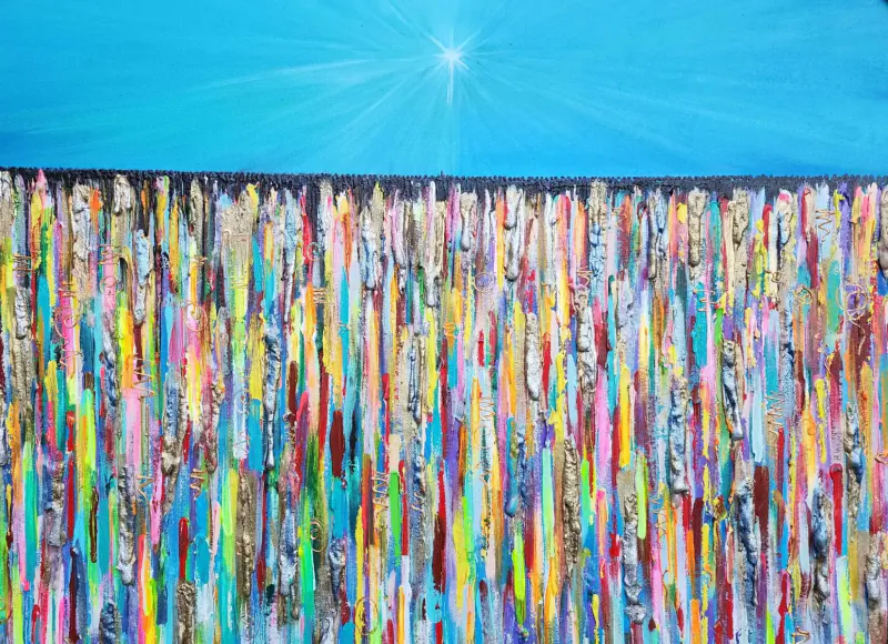 Abstract painting of radiant sun over vibrant multicolored vertical stripes on blue sky background