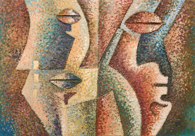 Abstract painting of two stylized faces in earthy tones with textured geometric features.