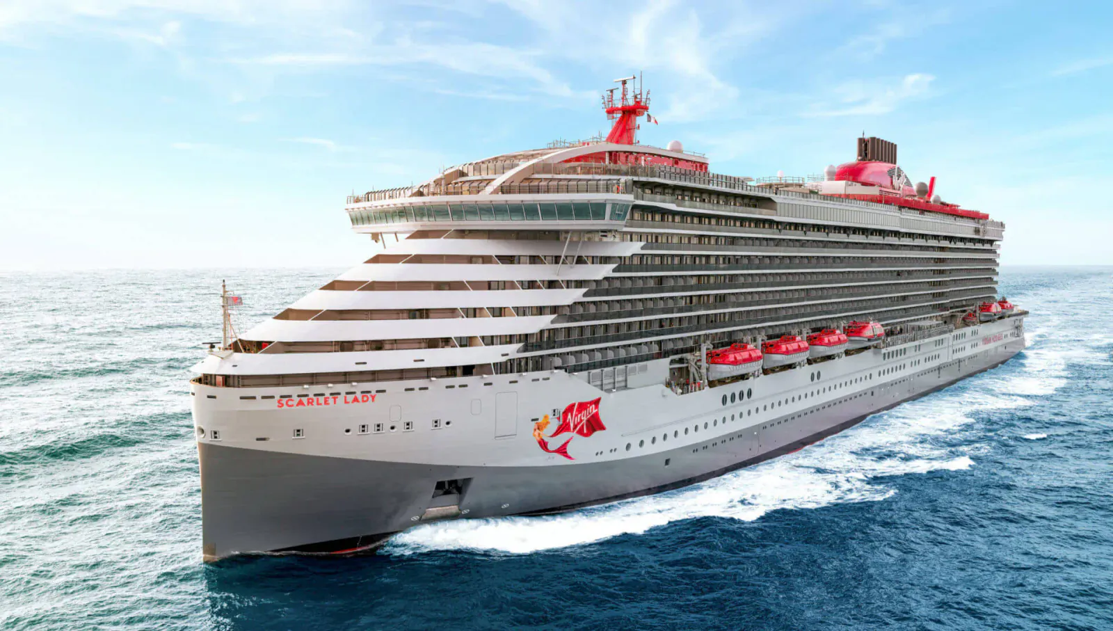 Red and white Virgin Voyages cruise ship sailing at sea with X logo, adults-only cruises featured