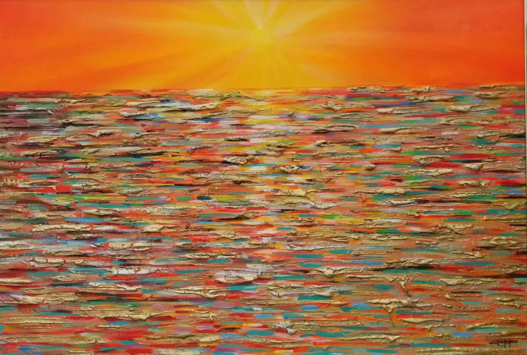 Vibrant abstract painting of a glowing orange sunset reflecting on colorful textured ocean waves.