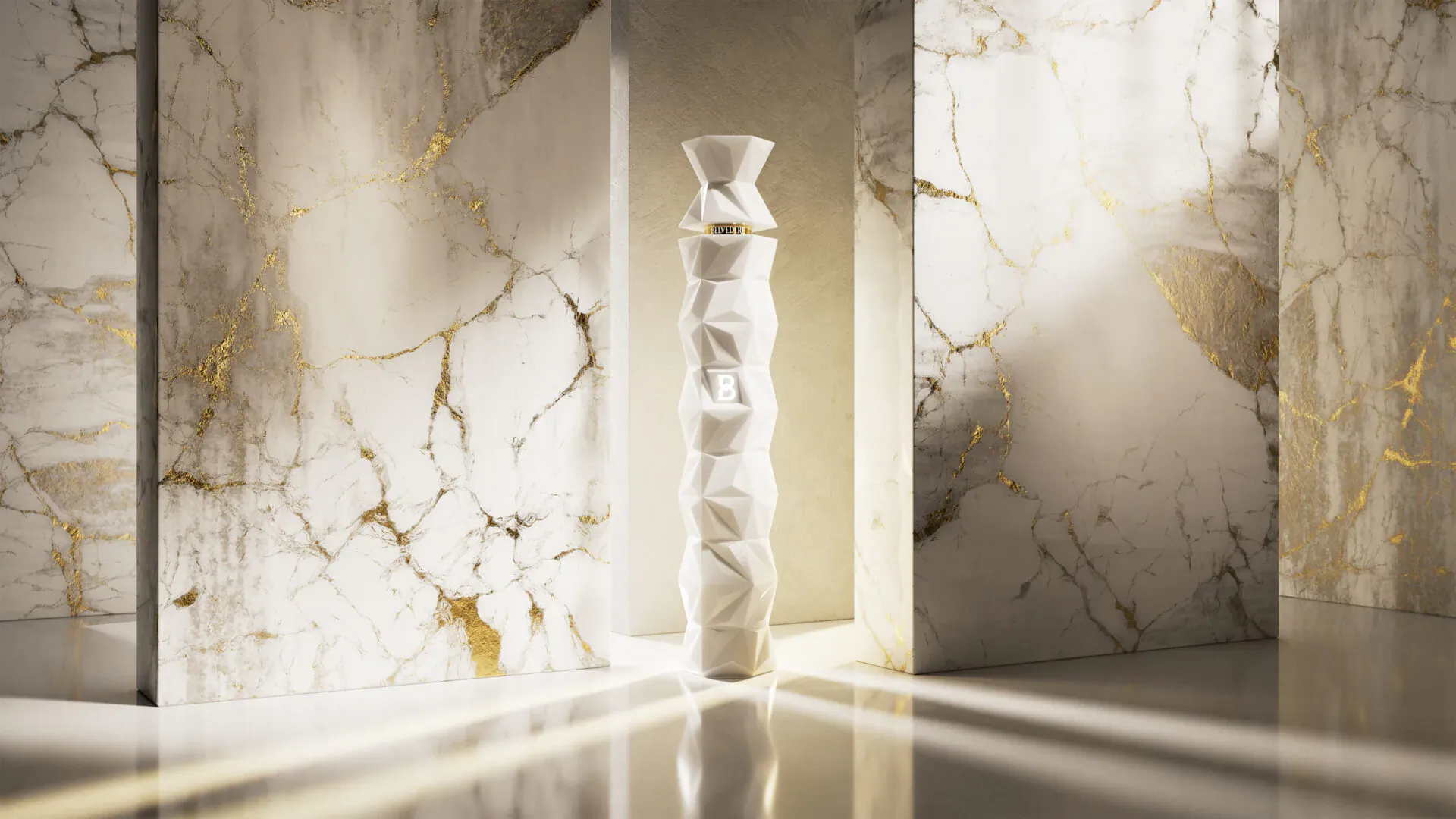 Tall white twisted vase on marble pedestal amid gold-veined white walls, dramatic lighting. Belvedere Vodka & Maison Assouline Martini icons by Agostino Perrone.