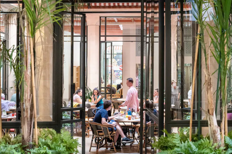 Busy indoor hotel cafe with diverse patrons dining at wooden tables amid potted palms and large glass doors