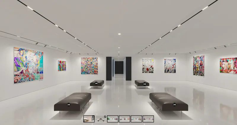 Aston Martin Residences art gallery showcasing 'Domestic Situation' with vibrant abstract paintings on white walls, brown benches, track lighting.