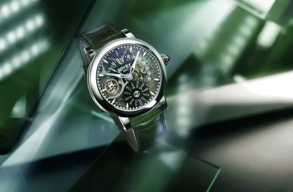BOVET Récital 21 perpetual calendar watch with sapphire dial, exposed mechanisms, green leather strap on glass stand