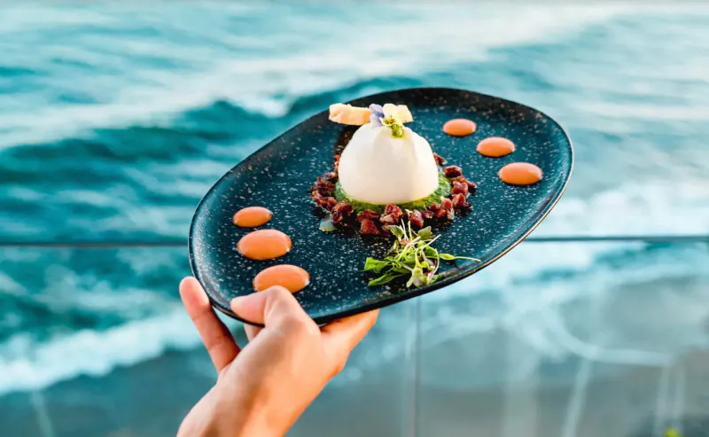 Hand holding black plate with white burrata, beet drops, microgreens over ocean view at seaside spot